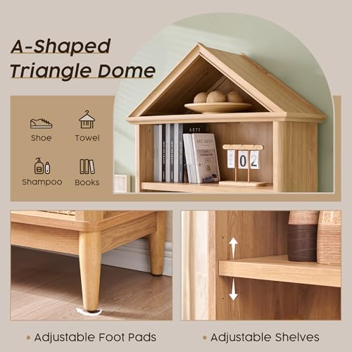 75.9" Tall Angled Arch Bookshelf, 5 Tiers Geometric Large Bookcase with Storage, Modern Triangular Top with Adjustable Shelves, Wood Cabinet w/Open Display Shelves for Living Room, Office Natural