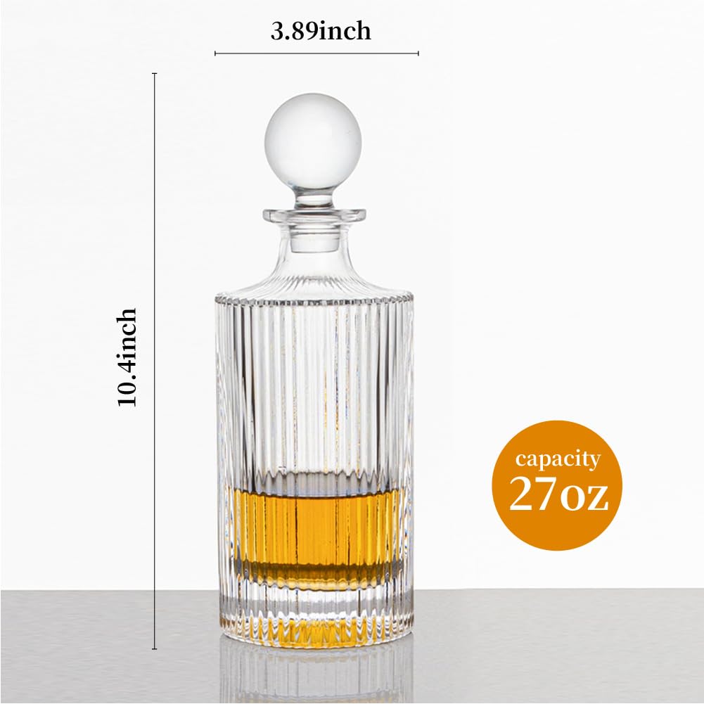 Whiskey Decanter and Glass Stopper 27 oz Round Ribbed Decanter for Whiskey, Bourbon, Brandy, Liquor, and Rum