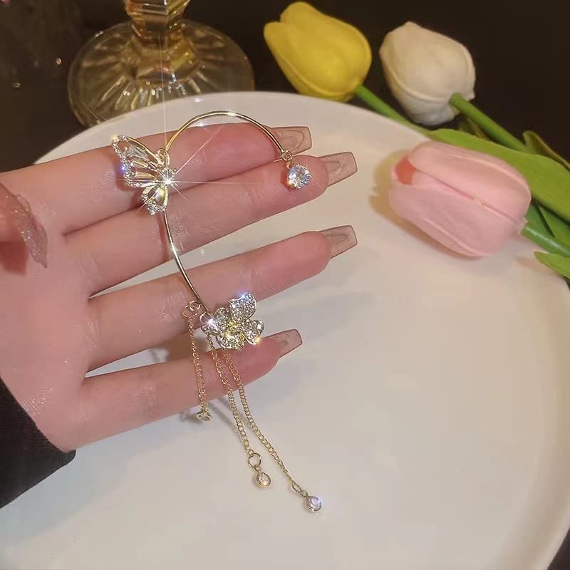 2Pcs Zircon Butterfly Ear Cuff Earrings for Women No Piercing Clip Wrap Around Fake Earrings Ear Crawler Rhinestone Wrap (Silver 1)