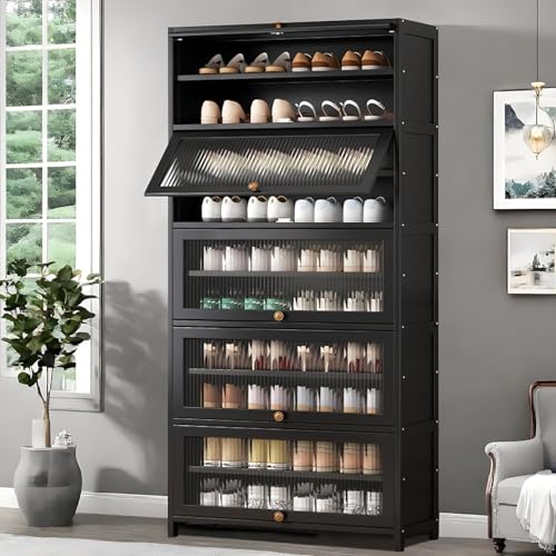 Voclym Tall Shoe Cabinet with Clear Doors, Large Capacity Bamboo Shoe Cabinet, 40-45 Pairs Shoe Rack Organizer for Closet Entrance, Hallway, Living Room, Bedroom