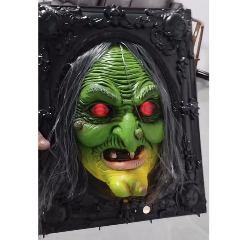 YDNRoar Sounds with Light Up Eyes & Creepy Witch-Halloween Party Prop Creepy Haunted House Funny Animatronics Talking Wall Display Hanging Spooky for Indoor Scary Picture Frame Decorations