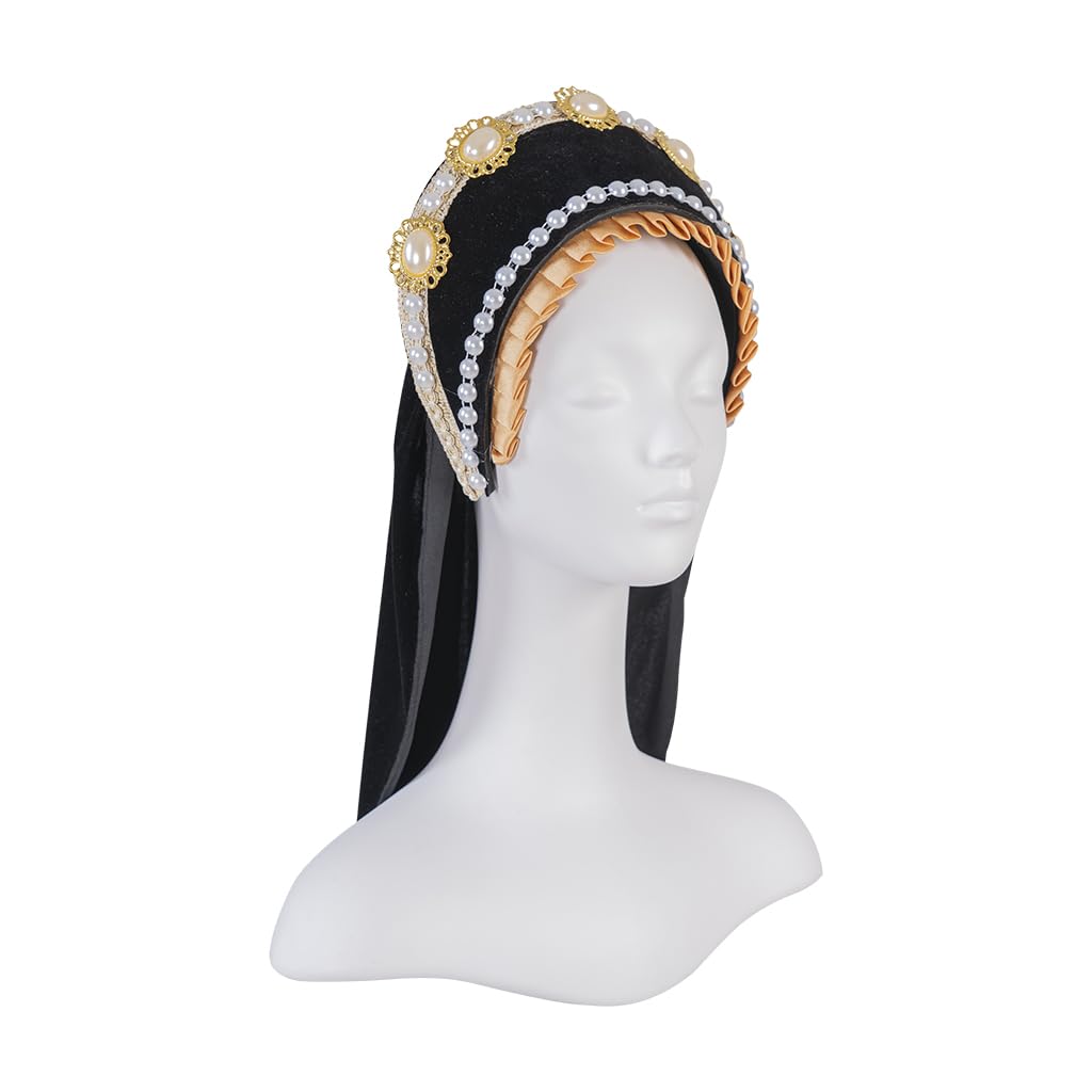 Willyacos Tudor French Hood Anne Boleyn Costume Headpiece Elizabethan Headwear Renaissance Tudor Hat Headdress Headband (Black, One size)