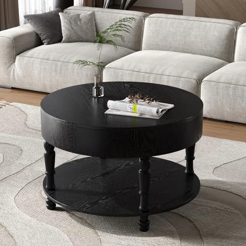 31.5" Round Wood Coffee Table with Hidden Storage, 2 Tier Modern Farmhouse Coffee Table with Open Bottom Shelf & Sturdy Carved legs, Rustic Circle Wooden Coffee Center Tea Table for Living Room, Black