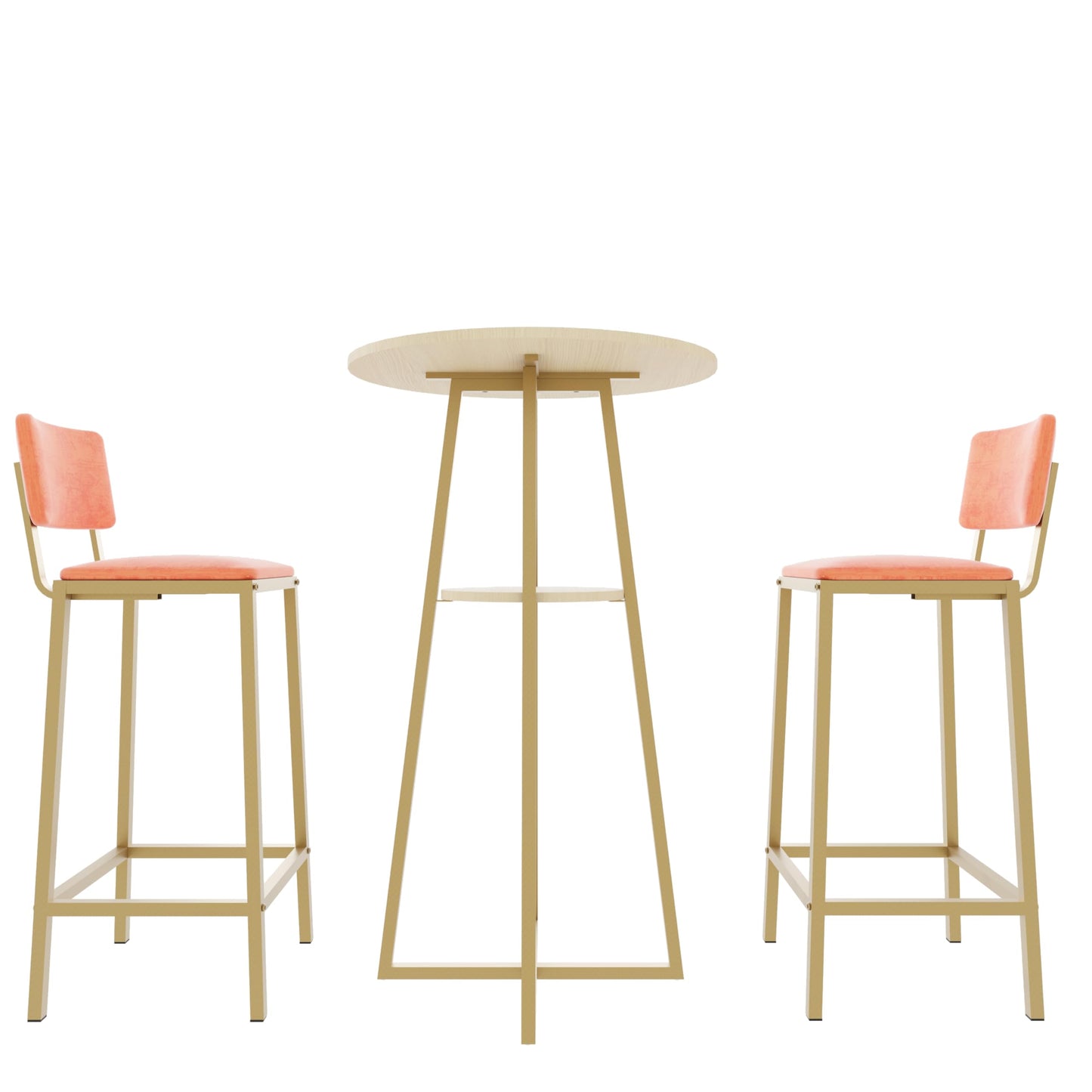 3 Piece Round Bar Table Set with Storage Shelves, Metal Pub Table Set with Upholstered Stools for 2, Save Space, Beige+Gold+Orange