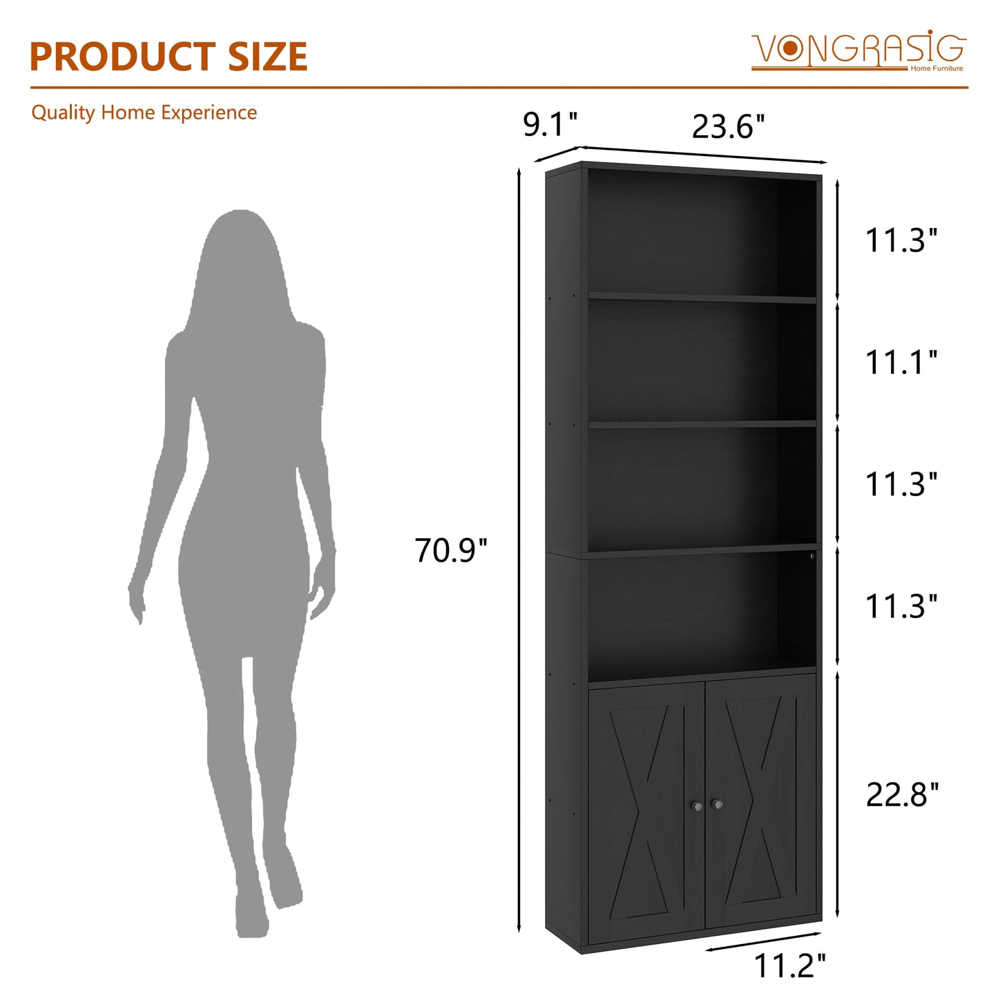 Vongrasig 6-Tier Open Bookcase and Bookshelf with Doors, Floor Standing Farmhouse Display Storage Shelves 71 Inch Wood Tall Bookcase for Home Office, Living Room, Bed Room, Black