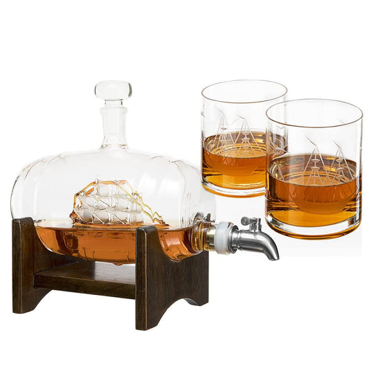 Whiskey Ship in a Barrel Decanter With Ship With 2-10 oz Glasses - By The Wine Savant, Whiskey & Wine Decanter Clear