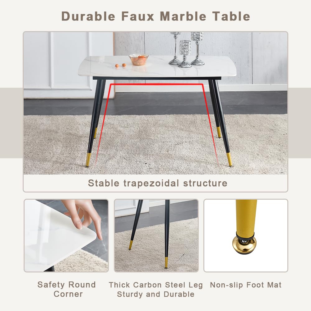 WEKEOT 50" White Marble Dining Table Set for 4 - Sintered Stone Tabletop & 4 Upholstered PU Leather Chairs - Modern Dining Room Set for Small Spaces (1 White Table + 4 Black Chairs)