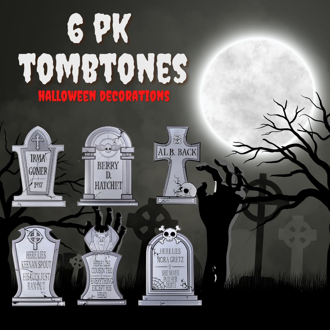3-D Metal Halloween Ghost Cemetery 17" Tombstones -Full Set of 6 w Stakes- Durable, Rustproof, UV Raised Printing-Upgrade Your Haunted House Mansion Cemetary Lawn Decor- No More Flimsy Foam Graveyards