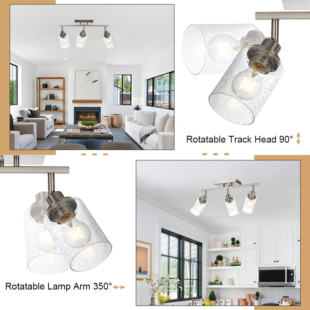 WINSHEN 3-Light Rotatable Track Lighting Kit, Brushed Nickel Semi Flush Mount Ceiling Light Vanity Lighting Fixtures Spotlight, Seeded Glass Shades