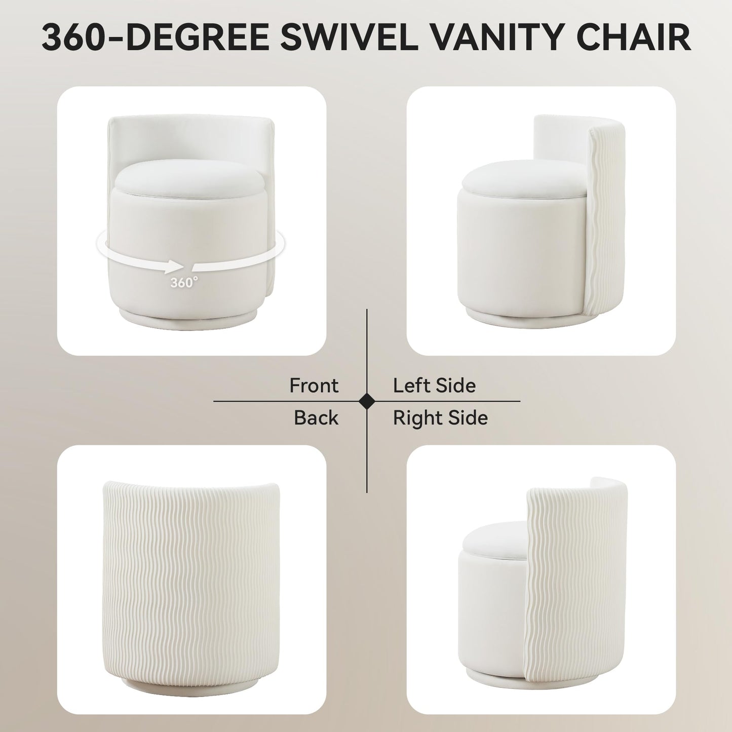 WUTUTUEE Velvet Vanity Chair with Storage, 360° Swivel Makeup Chair with Wave Back, No Assembly Small Accent Stool for Bedroom, Dressing, Living Room, White