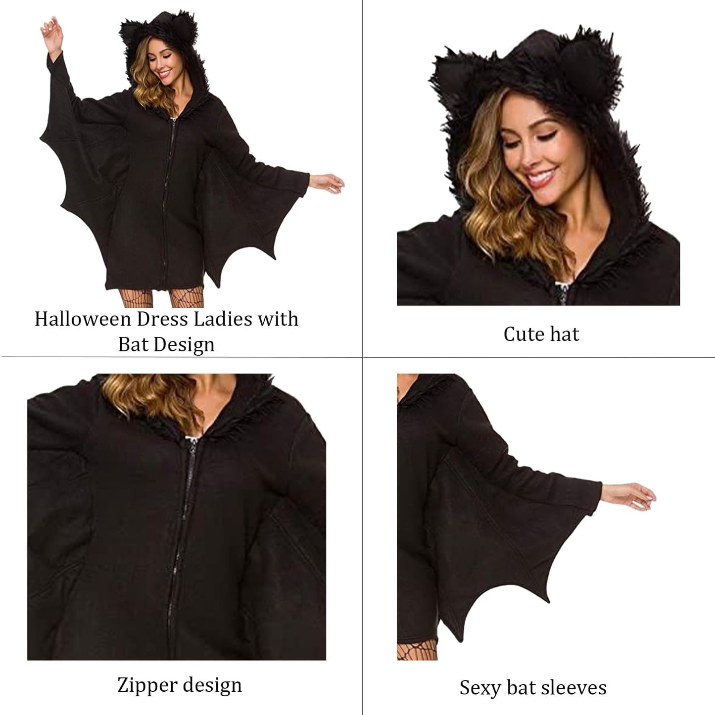 YAOBAOLE Halloween Costume for Women Bat Cozy Black Animal Adult Cosplay Vampire Zipper Dres L