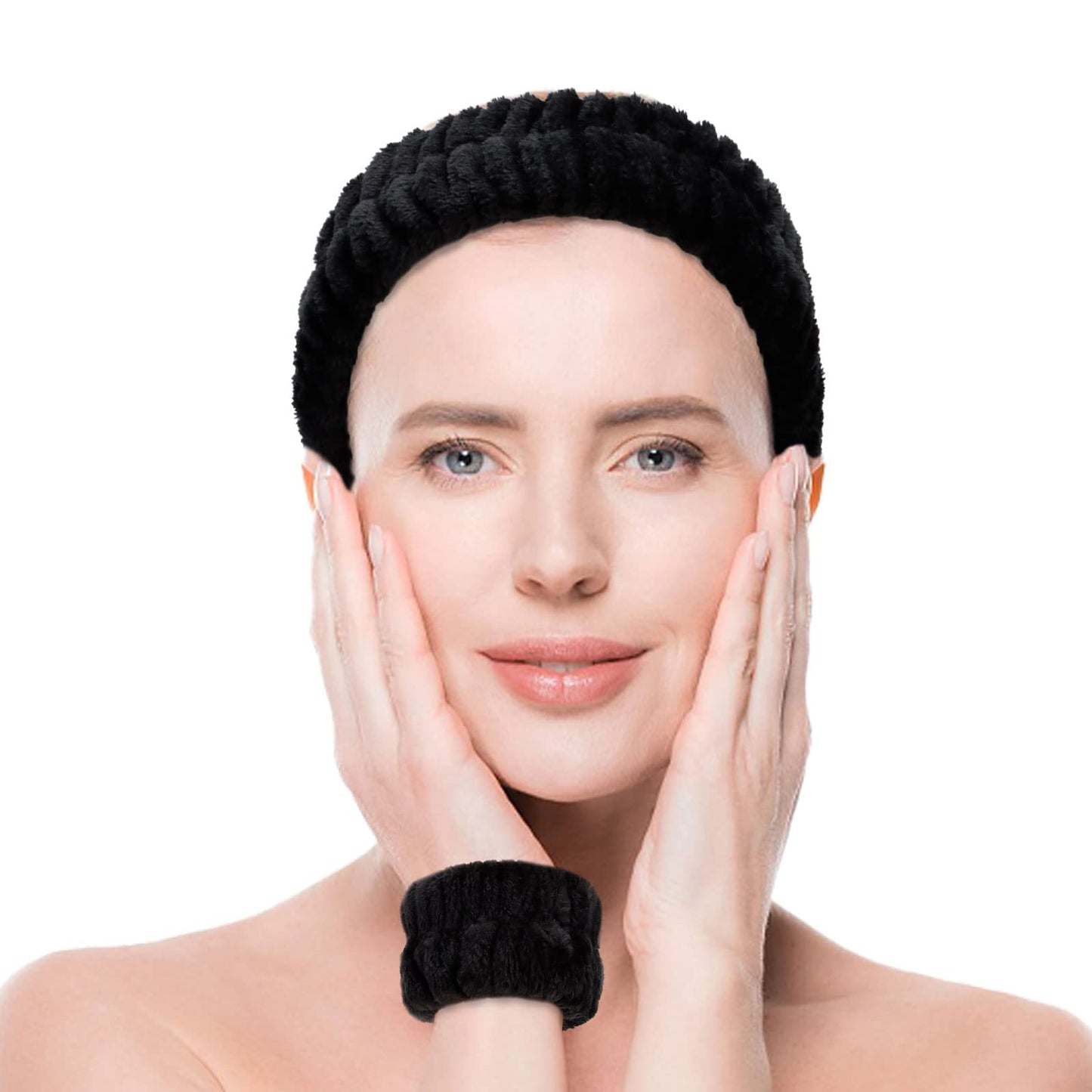 YARIEW Spa Set - 3 Makeup Facial Headbands and 6 Terry Cloth Wrist Bands for Women and Girls (Black)