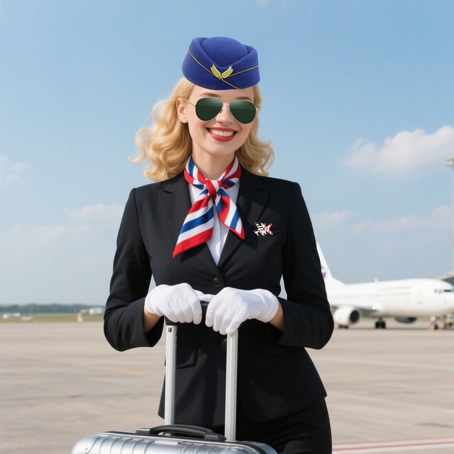 11 Pcs/2 Set Airline Pilot Captain Costumes Flight Attendant Accessories with Hat Sunglasses Scarf for Adult Dress Up Halloween Cosplay Party
