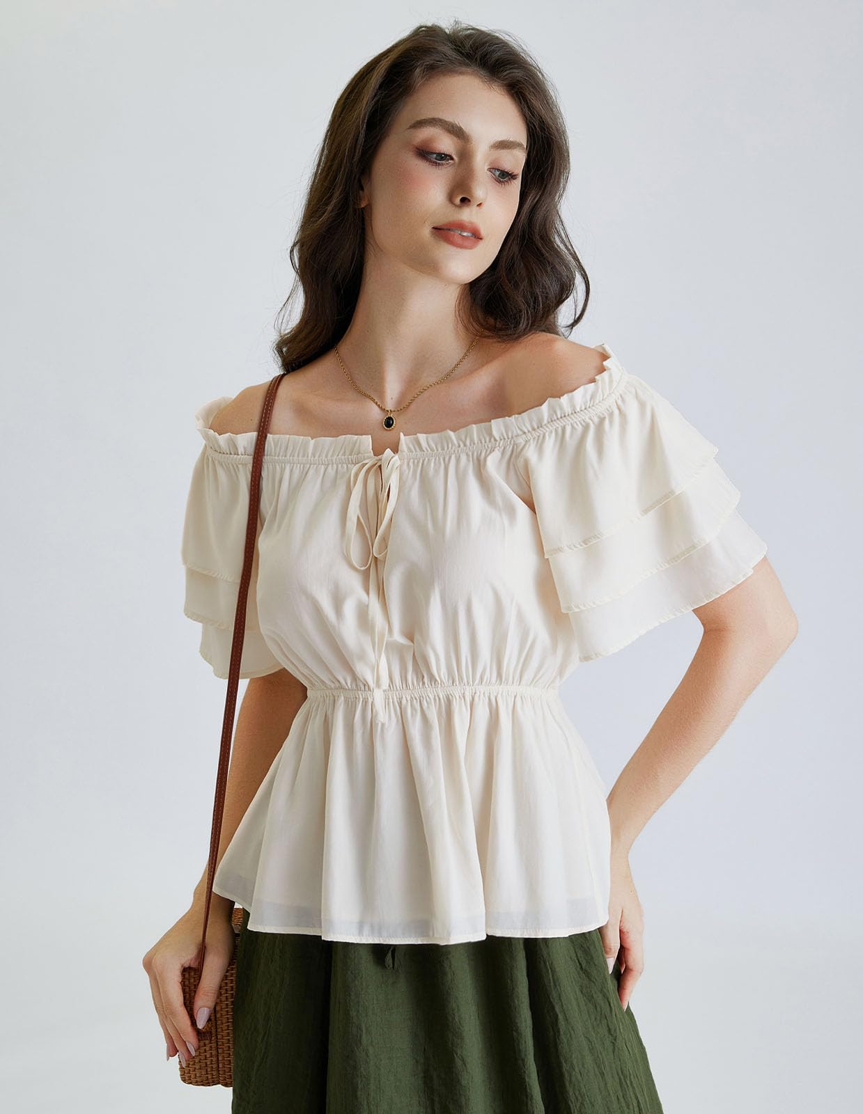 Women Renaissance Pirate Peasant Ruffled Shirt Blouse Holiday Tops Apricot M