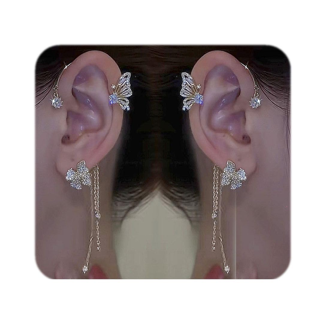 2PCS Butterfly Ear Cuffs Earrings Zircon Earrings Butterfly Ear Wrap No Piercing Eae Cuff Clip On Earrings For Women Jewelry (BB1600-GD)