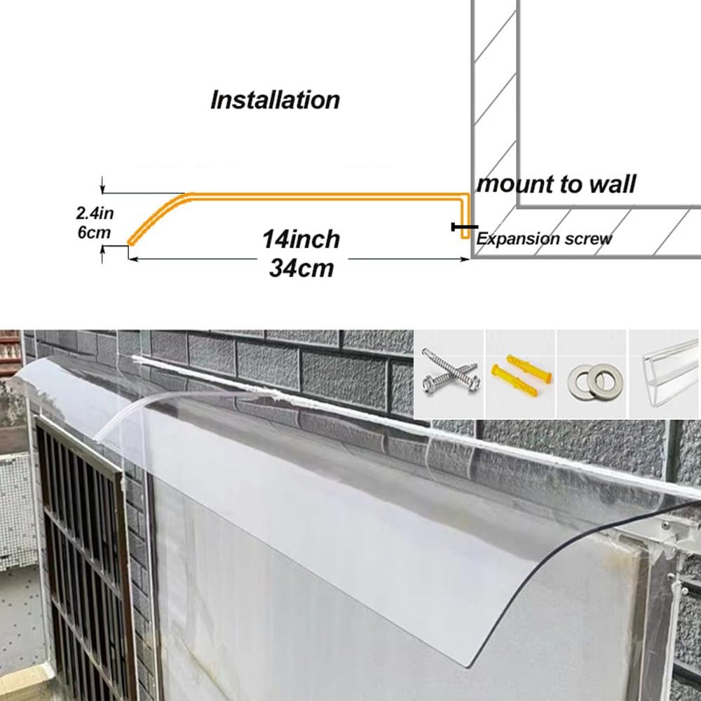 Width 16" 31" 39" 47" 94" Window Awning Clear Polycarbonate Cover Exterior Door Canopy for Porch Patio Roof Rain Shelter 14" Depth