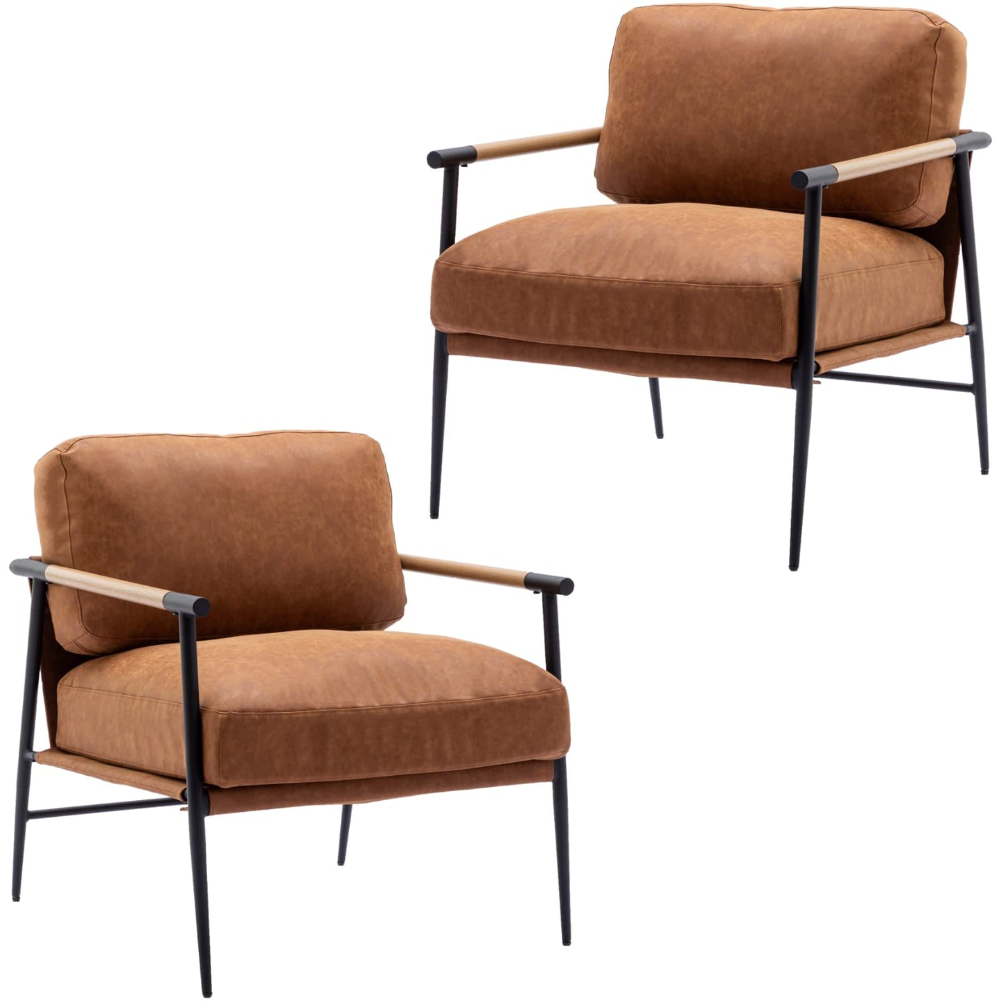 Ya-Home Mid-Century Accent Chair Set of 2, Soft Armchair PU Leather Lounge Chair with Black Metal Legs, Upholstered Leisure Chair for Living Room Bedroom Reception Room, Brown