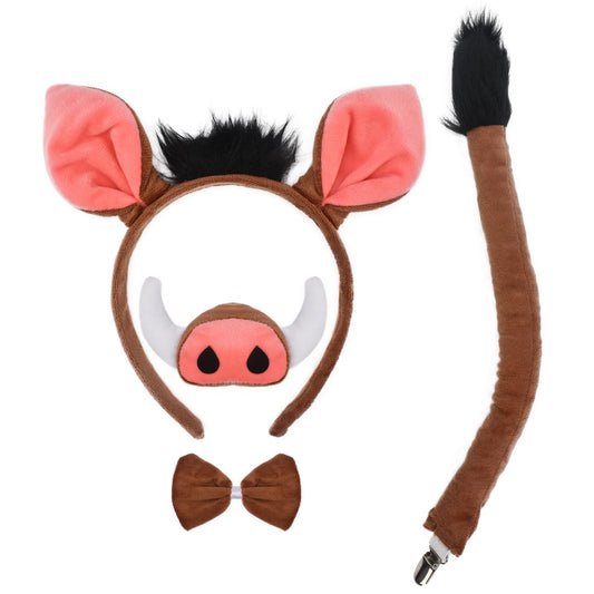 4 Pieces Warthog Ears and Tail Set - Wild Boar Headband with Nose Tail Bow Tie Cosplay Party Halloween Costume Accessories for Kids and Adults