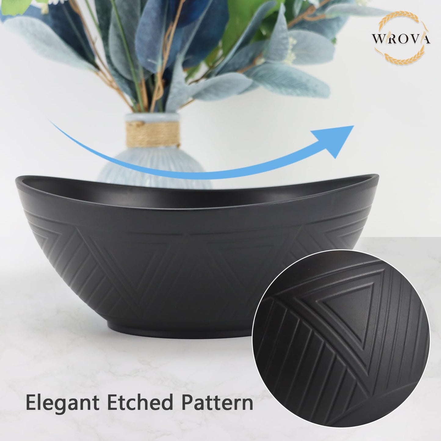 Wrova 65oz Big Wheat Straw Bowls - Large Salad Bowls set of 6 - Unbreakable Serving Bowls - Microwave & Dishwasher Safe - Oval Bowls for Cereal,Salad,Fruit - Pure Black