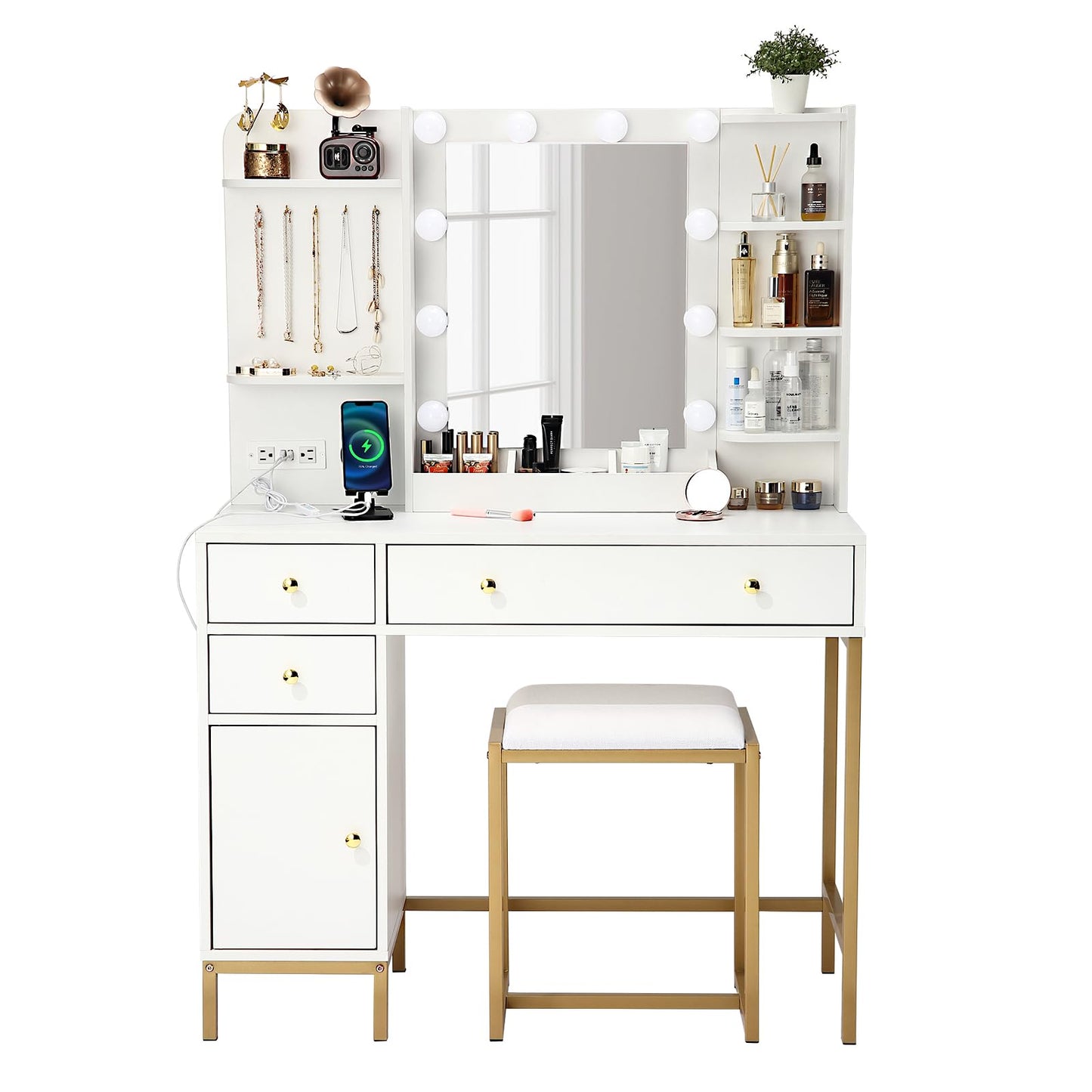 White Vanity Desk Set with Stool Mirror Lights 3 Color Lighting Dressing Table Makeup Station Charging Ports Large Beauty Desk for Bedroom Vanity Area
