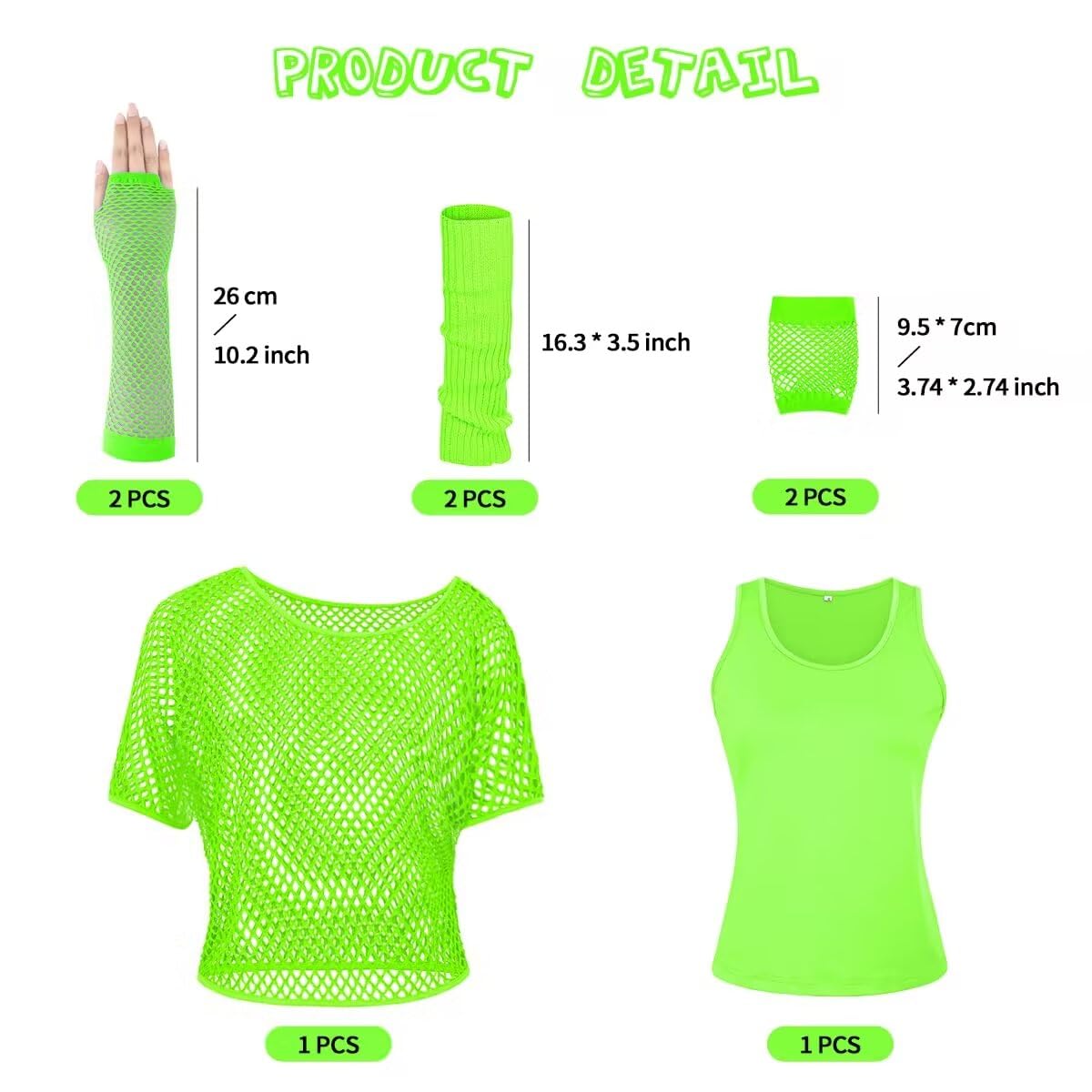 WILDPARTY Women Casual Sexy 80s Costumes Fishnet Neon Off Shoulder T-Shirt Two Pieces, Fishnet Gloves, Legwarmers 80s Outfits for Women 80s Costume Accessories for 80s Party (Green XXL)