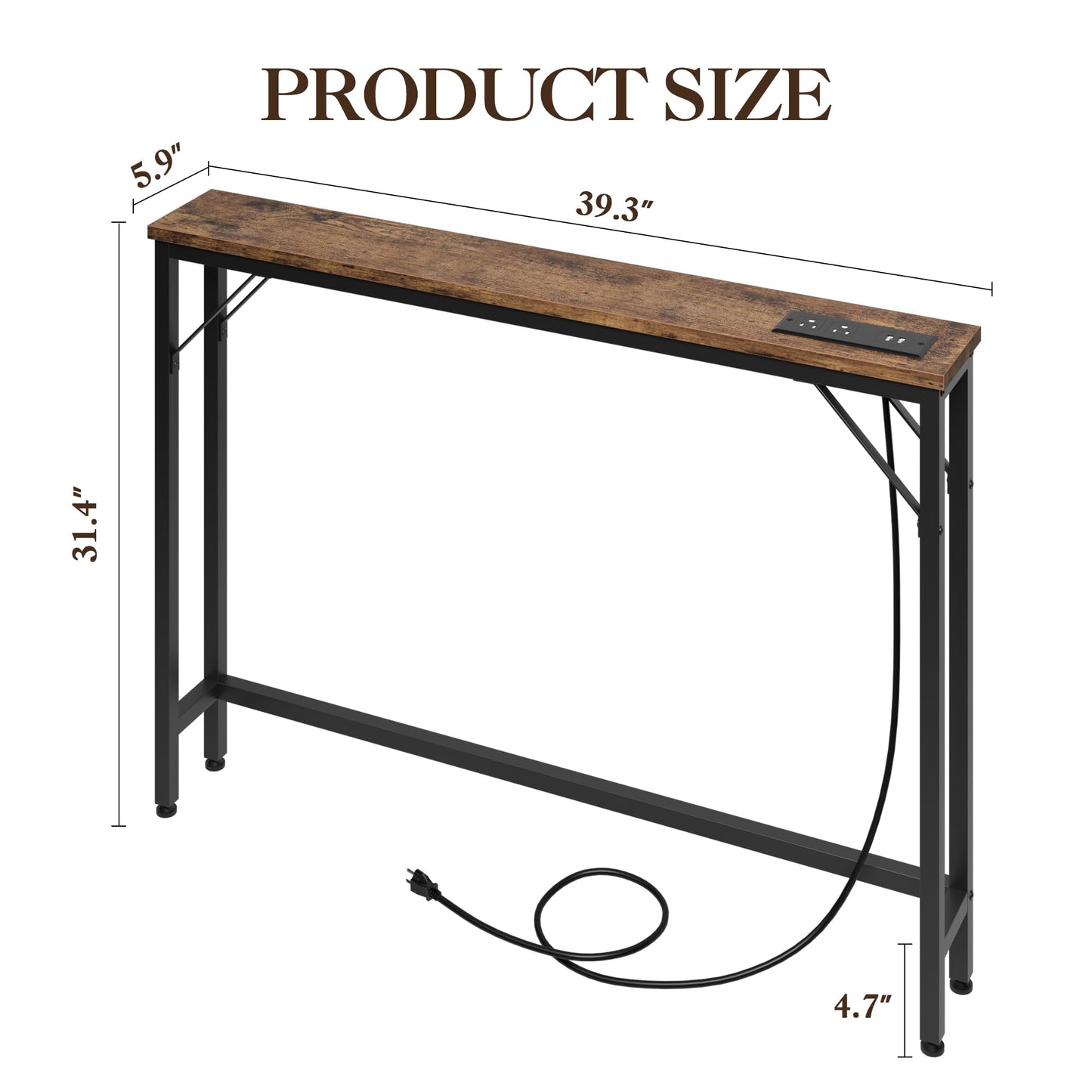 31.4"H Narrow Single-Layer Sofa Back Table with Power Supply, Pure Retro Color - Metal & Particleboard Frame, 2 Power Outlets & 2 USB Ports, Black Sand Powder-Coated Main Frame, Console Sofa Table