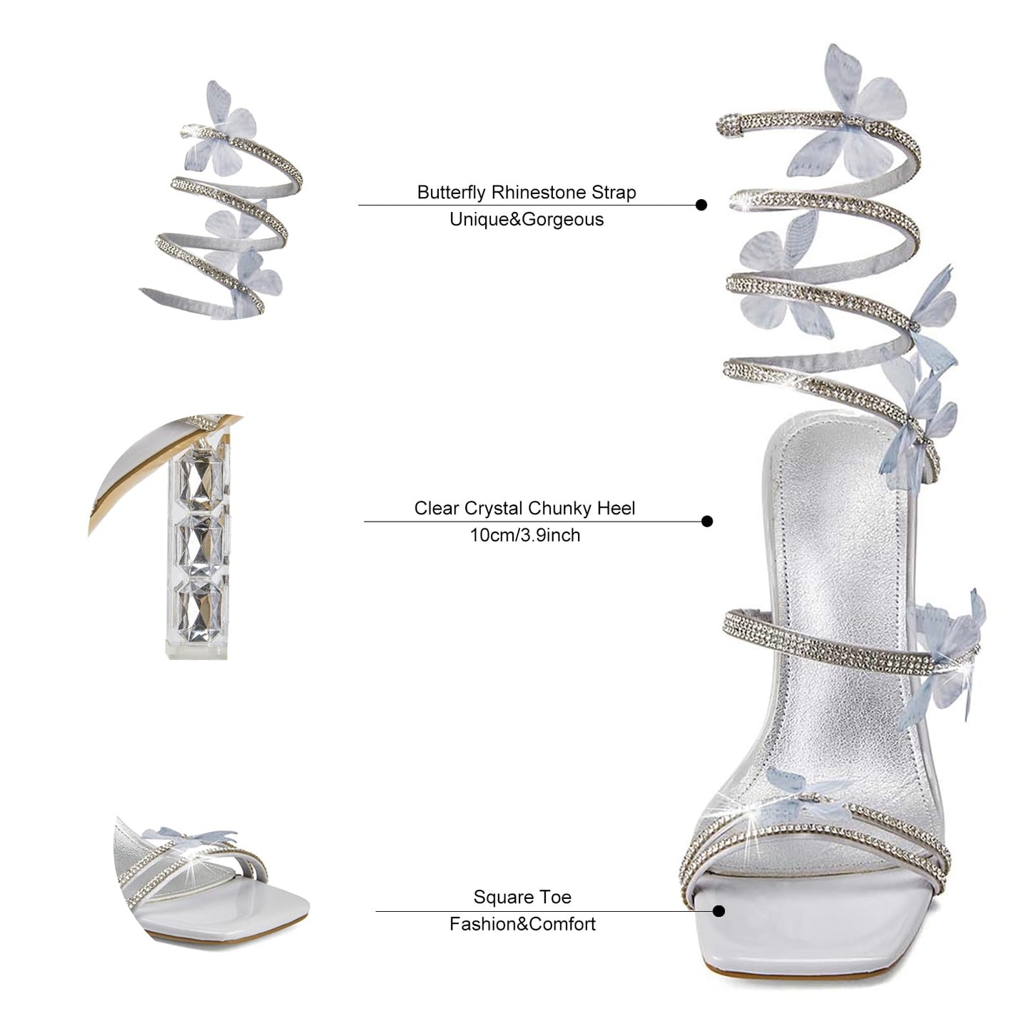 VOZTOLLS Women's Rhinestone Crystal Butterfly High Heels Stylish Open Square Toe Spiral Ankle Strap Dress Chunky Heeled Sandals For Wedding Party Banquet Silver Size 8