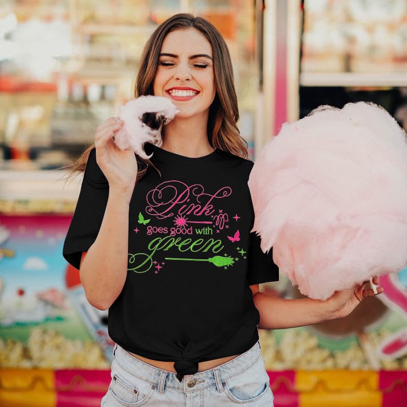Women Pink Goes Good with Green Shirt Embroidery Musical Movie Shirts Witch and Princess Tee Musical Fan Gift Tops