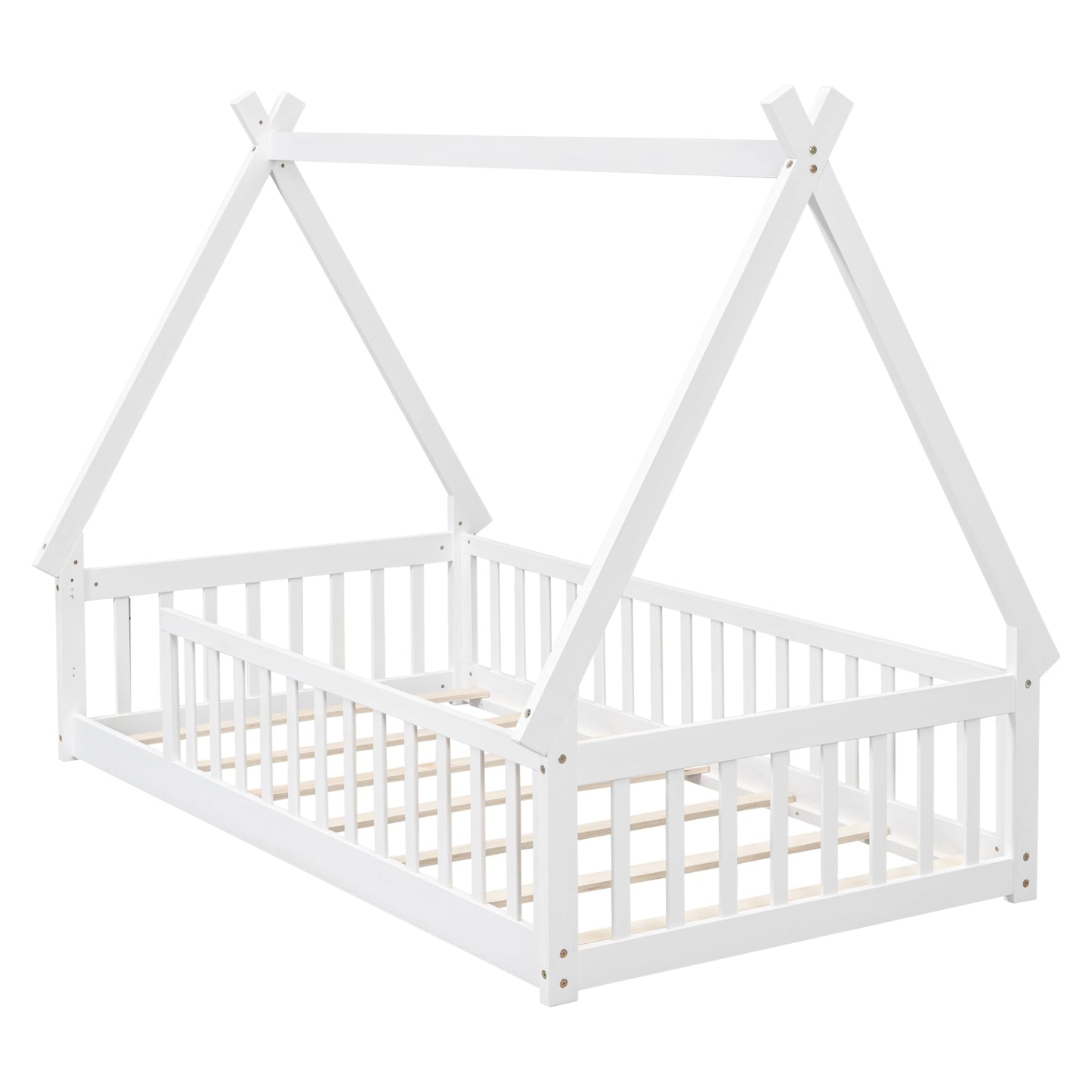 Wekuku Twin Tent Shaped Floor Bed for Kids – Teepee with Guardrails Slats, White Wooden Playhouse Bed for Bedroom, Montessori Inspired Design