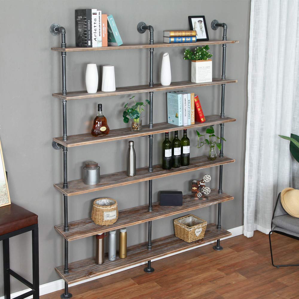 WGX Design For You Industrial 6-Tiers Modern Ladder Shelf Bookcase,Solid Wood Storage Shelf,Display Shelving, Wall Mounted Wood Shelves, Pipe Wood Shelves Bookshelf Vintage Wrought Iron Finish (Gray)