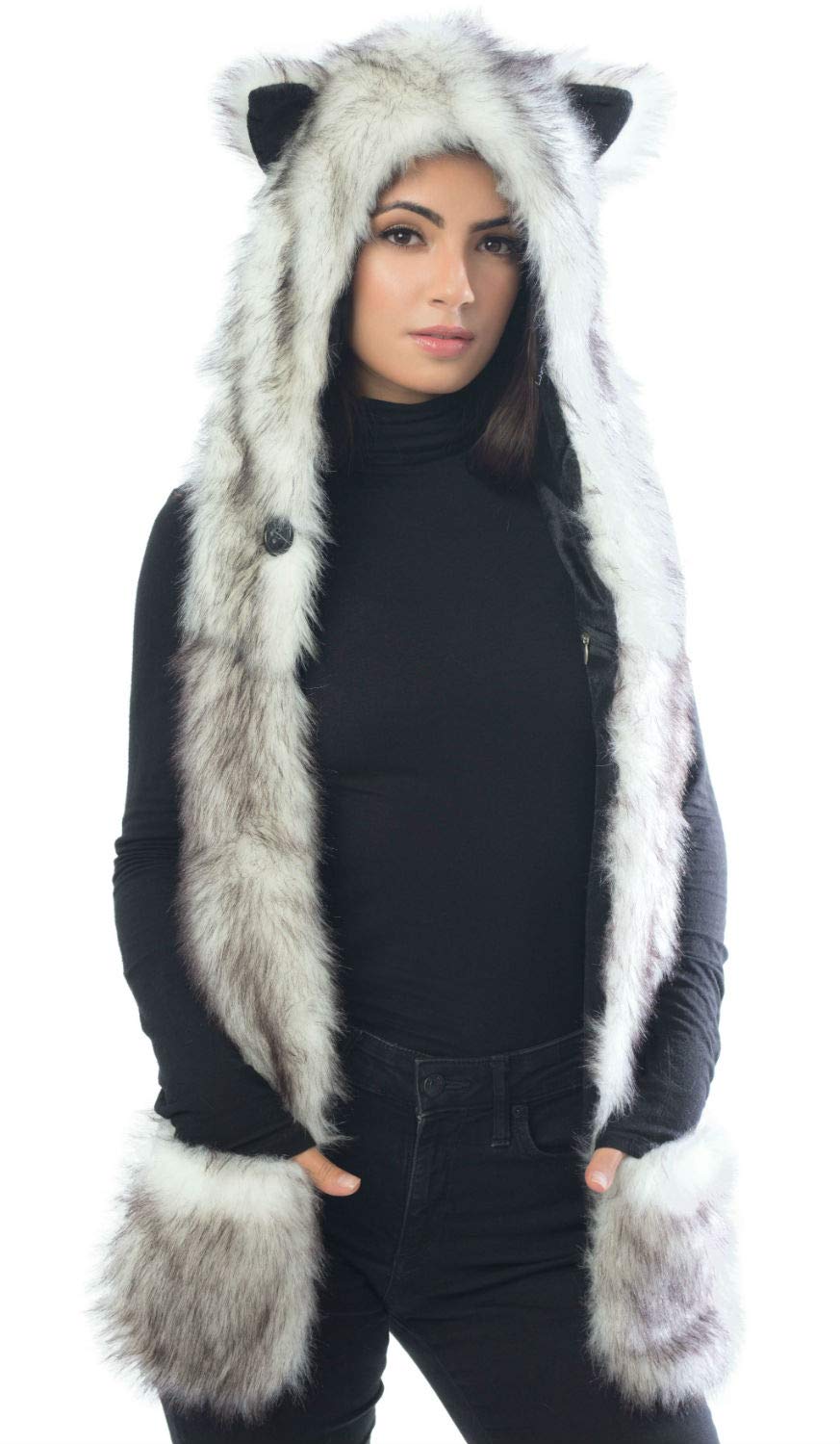 White Wolf Hood Faux Fur Hat with scarfs mittens & paws 3 in 1 by Hatbutik