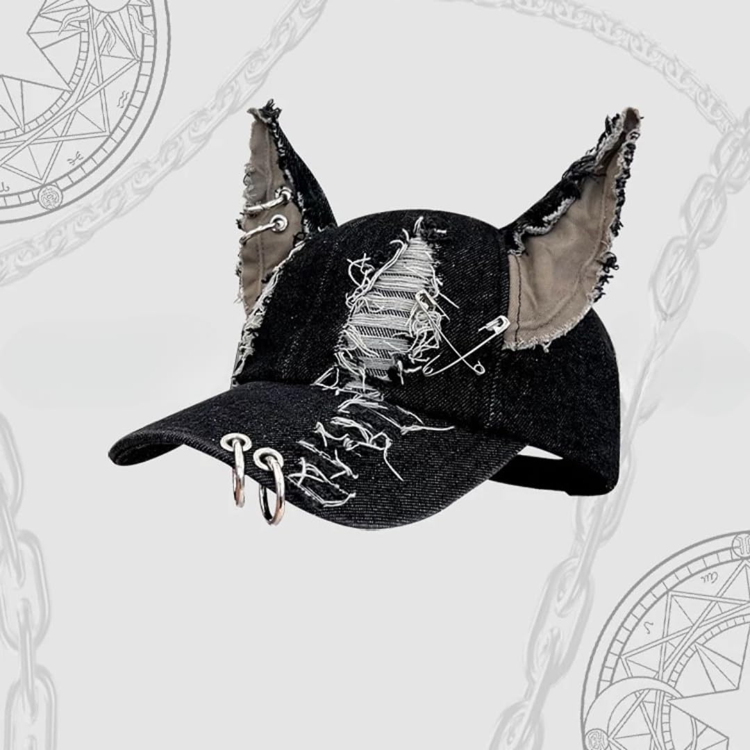 Y2k Iron Ring Trucker Hat Cat Ear Baseball Cap Women Caps Distressed Denim Baseball Cap Grunge Aesthetic Hat (Black)