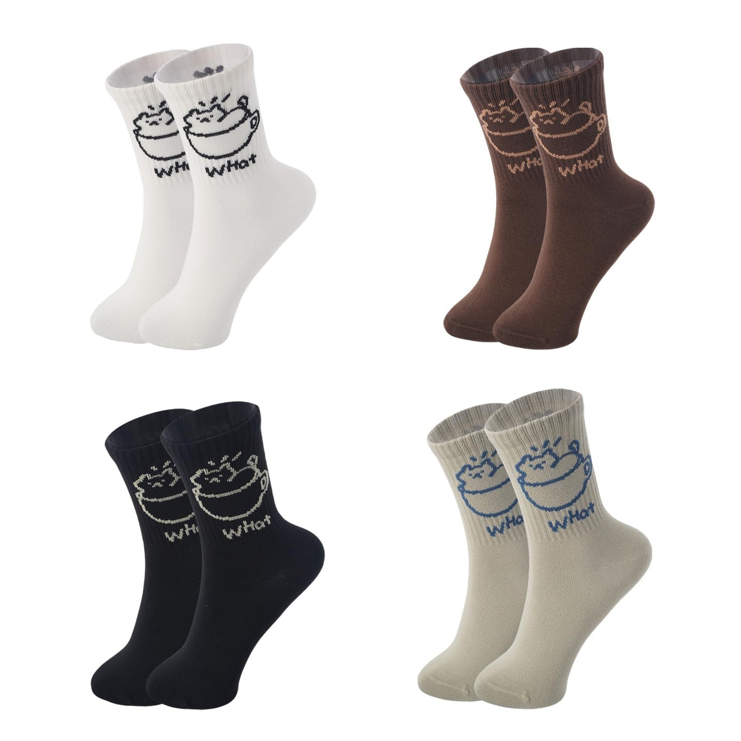 WaziHou Women Crew Socks, 4 Pairs Cute Tea-Cup Cat Novelty Cotton Socks, Stylish Women's Casual Comfort Ankle Socks, Size 5-10