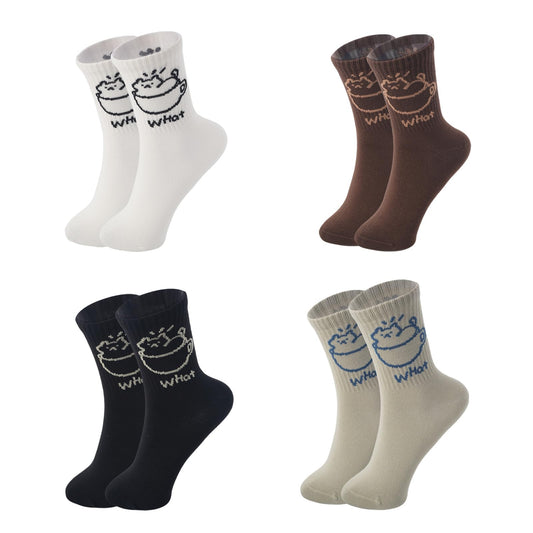 WaziHou Women Crew Socks, 4 Pairs Cute Tea-Cup Cat Novelty Cotton Socks, Stylish Women's Casual Comfort Ankle Socks, Size 5-10