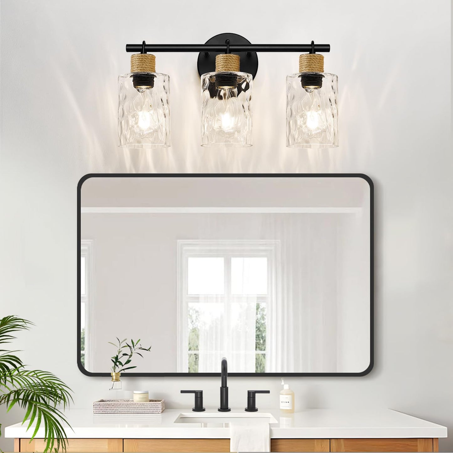 2025 Upgrade 3-Light Bathroom Light Fixtures, Coastal Vanity Lights with Crystal Glass Shade, Black Bathroom Wall Lamp for Mirror Kitchen Hallway Cabinet