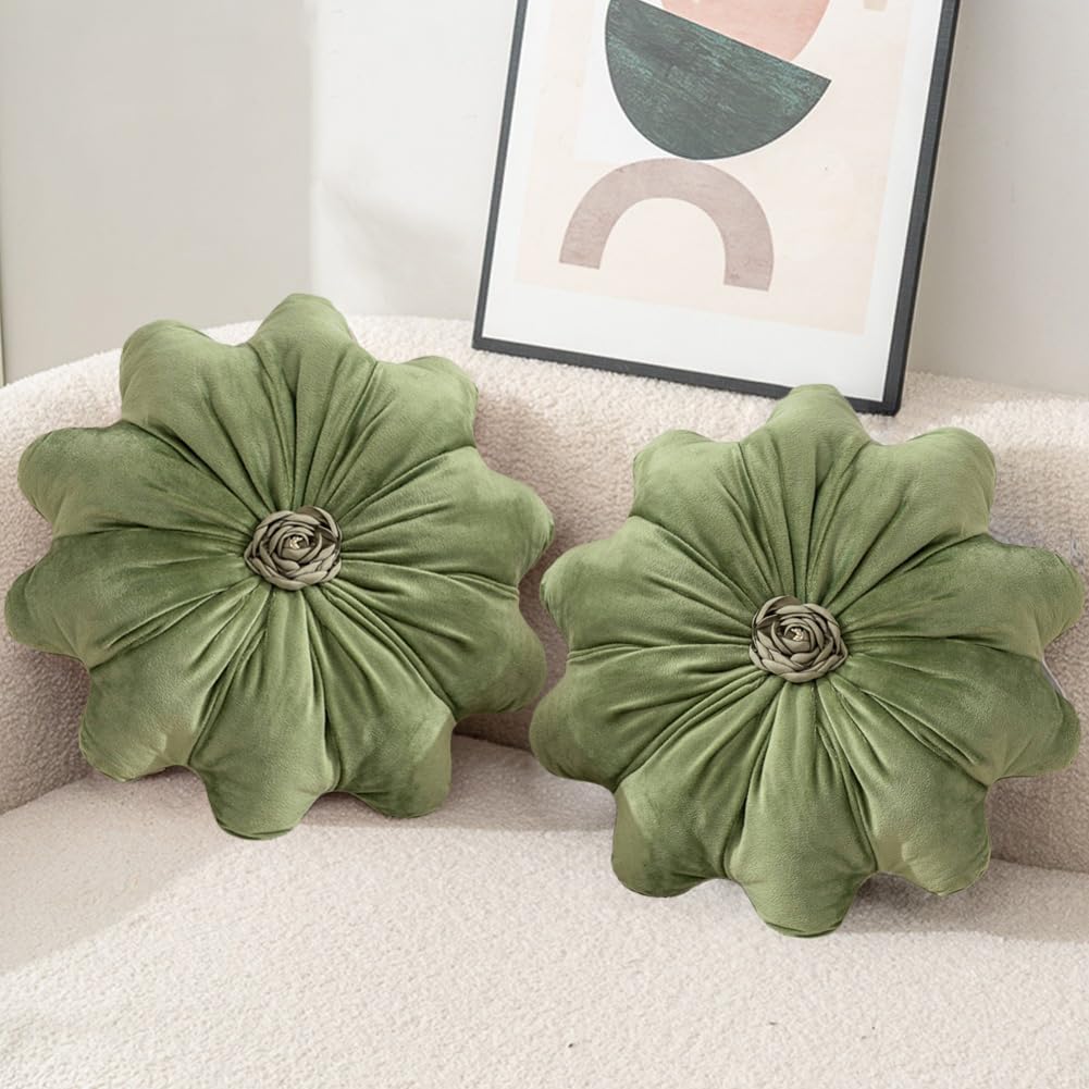 2Pcs Flower Pillow Cushion Round Aesthetics Decorative Throw Pillow 15.7" Velvet Flower Shaped Pillow for Bed Sofa Couch Vanity Chair (Green)