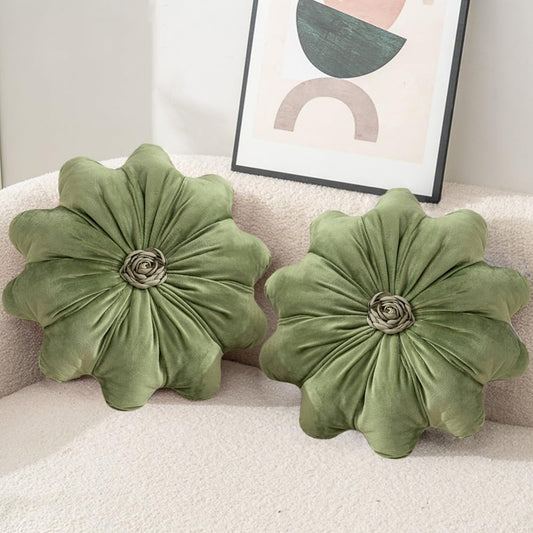 2Pcs Flower Pillow Cushion Round Aesthetics Decorative Throw Pillow 15.7" Velvet Flower Shaped Pillow for Bed Sofa Couch Vanity Chair (Green)