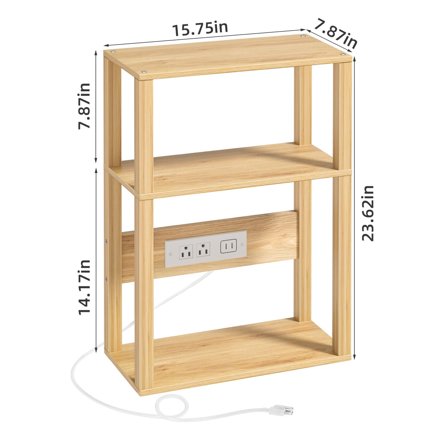 3-Tier Small Narrow Bamboo Side Table with Charging Station, Skinny Nightstand for Small Space, Slim Bedside Table with Storage for Couch, Wooden Thin End Table with USB Ports and Outlets, Natural