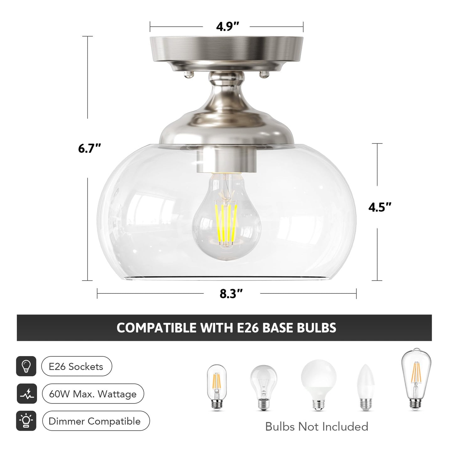 VONLUCE Industrial Semi Flush Mount Ceiling Light, 8.3" Ceiling Light Fixture with Clear Glass Shade, Farmhouse Lighting for Hallway Kitchen Bedroom Entryway, Brushed Nickel Flush Mount Light Fixture