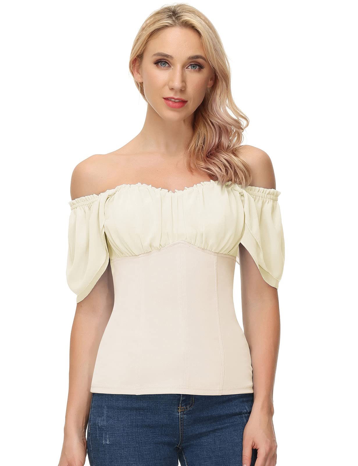 Womens Summer Top Off The Shoulder Vintage Top Flutter Ruffle Sleeve Victorian Shirt Slim Fit Blouse Beige M