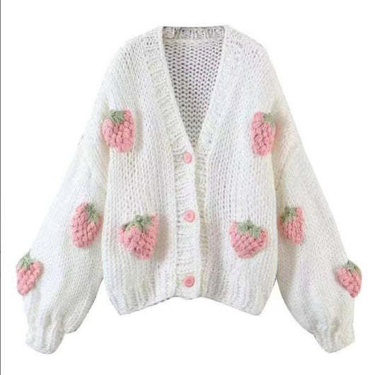 Women's Sweet Japanese Strawberry Embroidered Knit Cardigan Top Korean Retro Elegant Cute Kawaii Coat