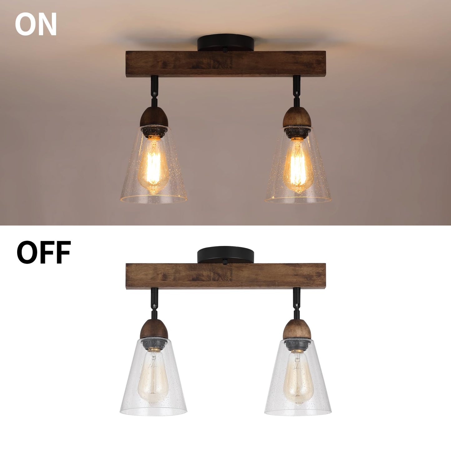 2-Light Rustic Farmhouse Glass Track Flush Mount Ceiling Light Fixture Mini Clear Seeded Glass Shade and Oak Wood Semi Flush Mount Ceiling Light for Kitchen Bedroom Hallway Entryway Sink