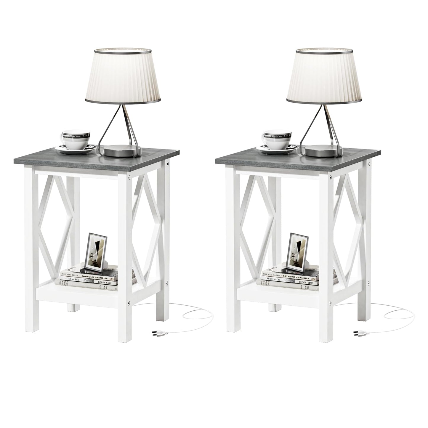3imothrix Farmhouse End Table Set of 2, Small Side Table with Charging Station, Nightstand Bedside Table with Storage Shelf, USB Ports and Outlets for Small Space Living Room Bedroom