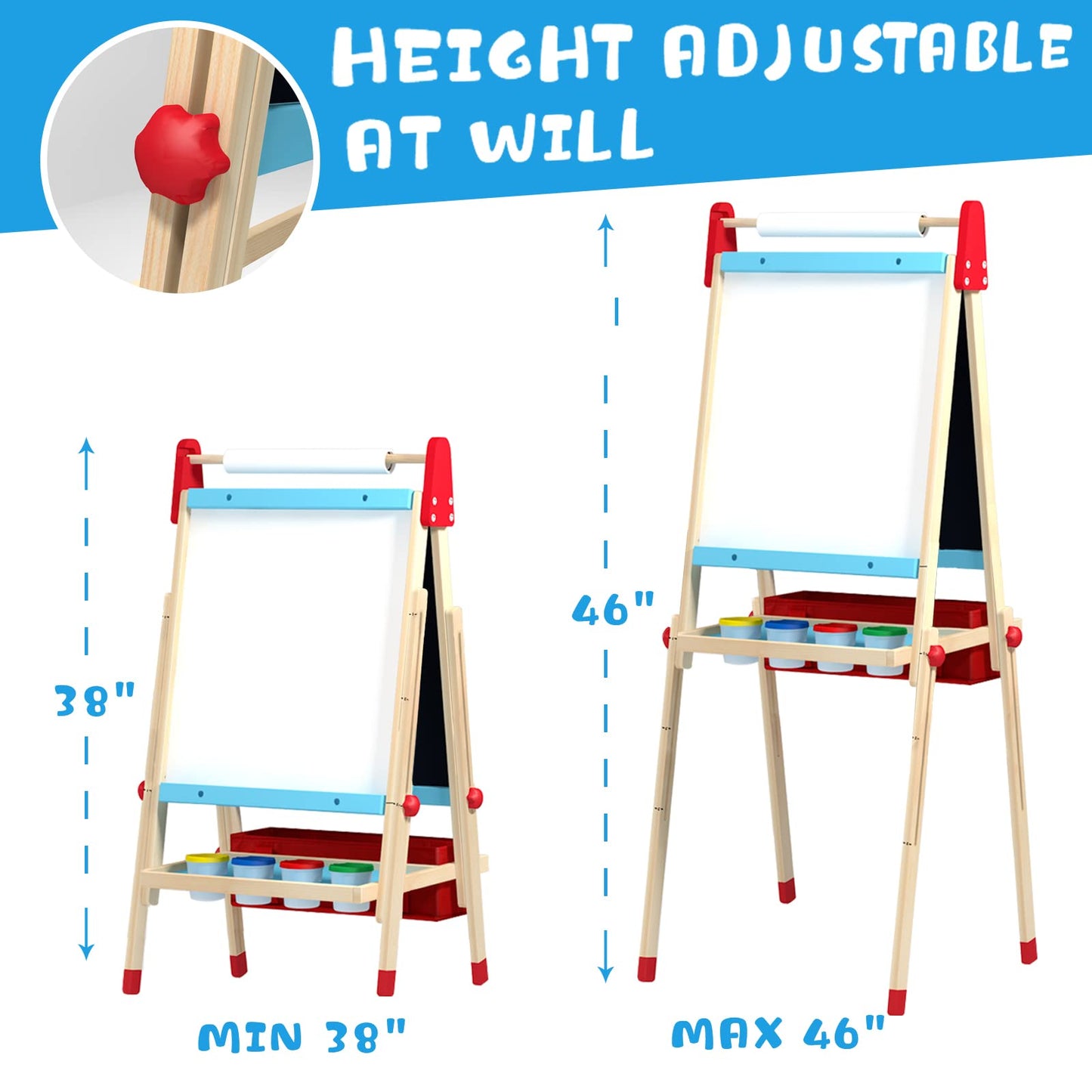 WOOD CITY Easel for Kids, Adjustable Standing Art Easel with Painting Accessories Wooden Chalkboard & Magnetic Whiteboard & Painting Paper Stand, Toddler Art Set Easel for Toddlers 2-12 Year Olds