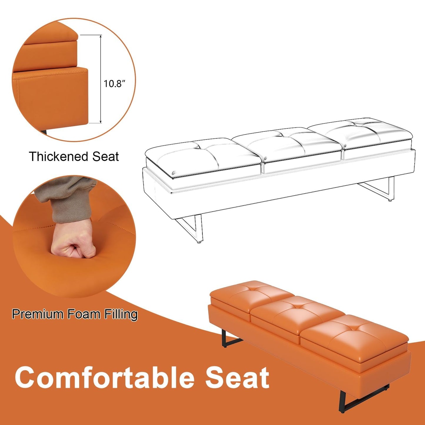 AIIT 3-Seat Waiting Room Bench - Reception Bench with Thickened PU Leather, Waiting Room Chairs Lobby Bench for Office Barber Store Salon Shop, Orange