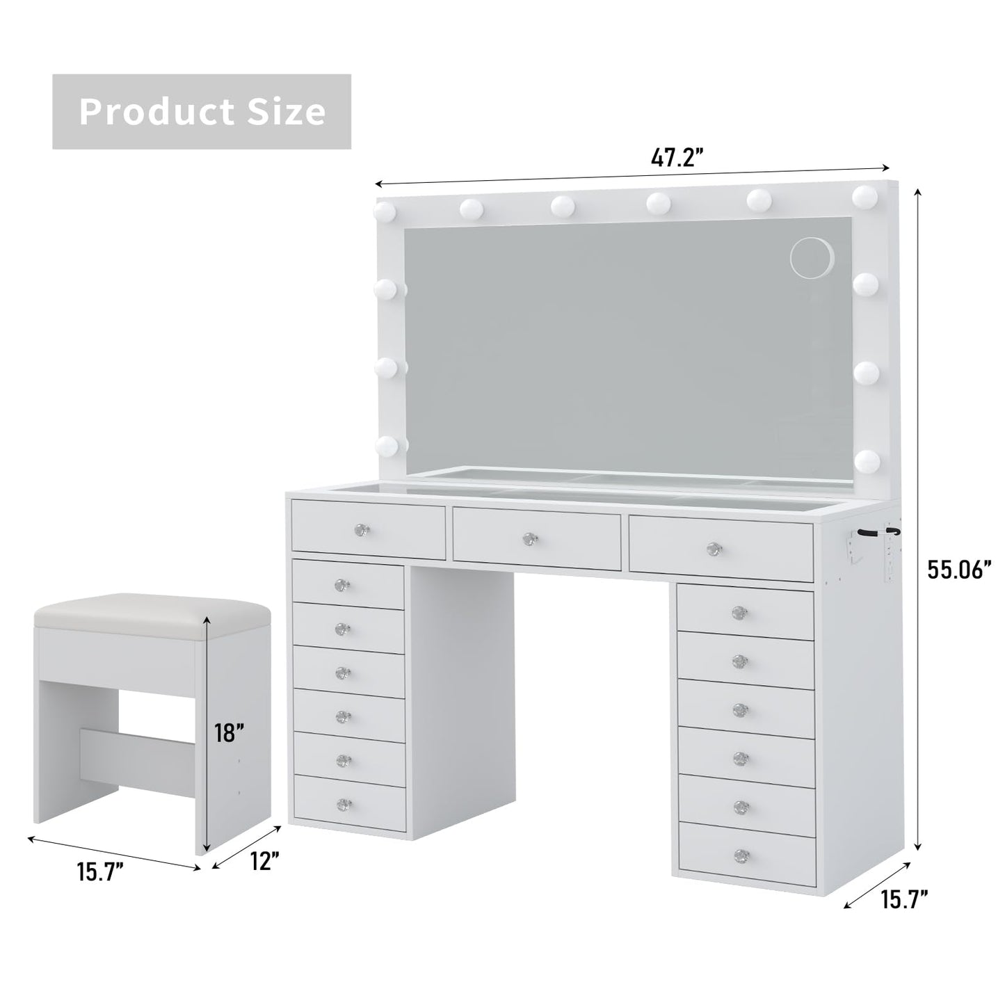 Yanosaku 15 Drawers Makeup Vanity with Charging Station, Vanity Desk with 12 LED Bulbs and HD Mirror, 3 Color Brightness Adjustable, Vanity Set for Bedroom, White