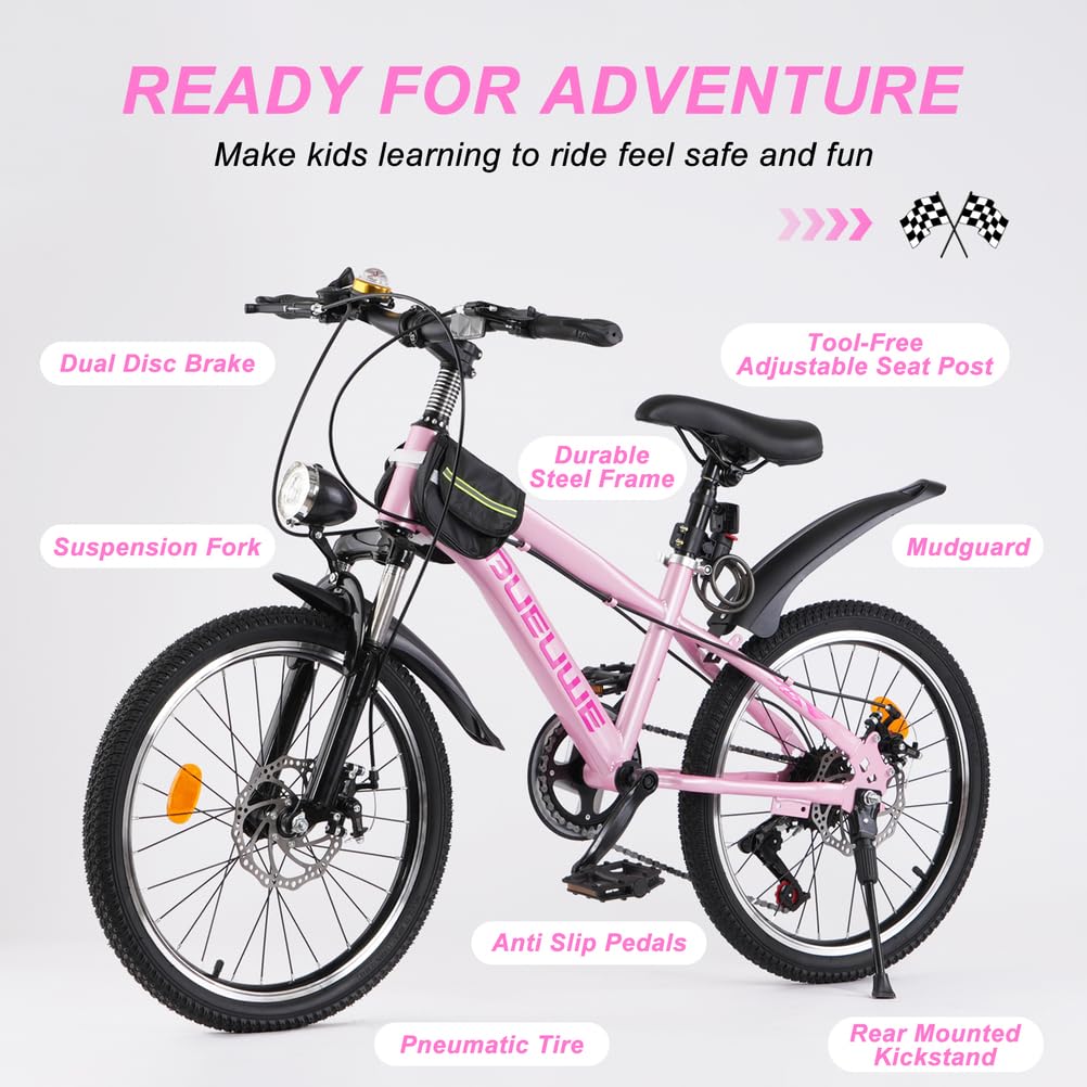 20 24 Inch Kids Mountain Bike, Children Bicycles for Boys and Girls Ages 6-12, 7 Speed Teenager Bikes with Disc Brakes, Adjustable Handlebars and Seat, Kickstand,Pink,20 Inch