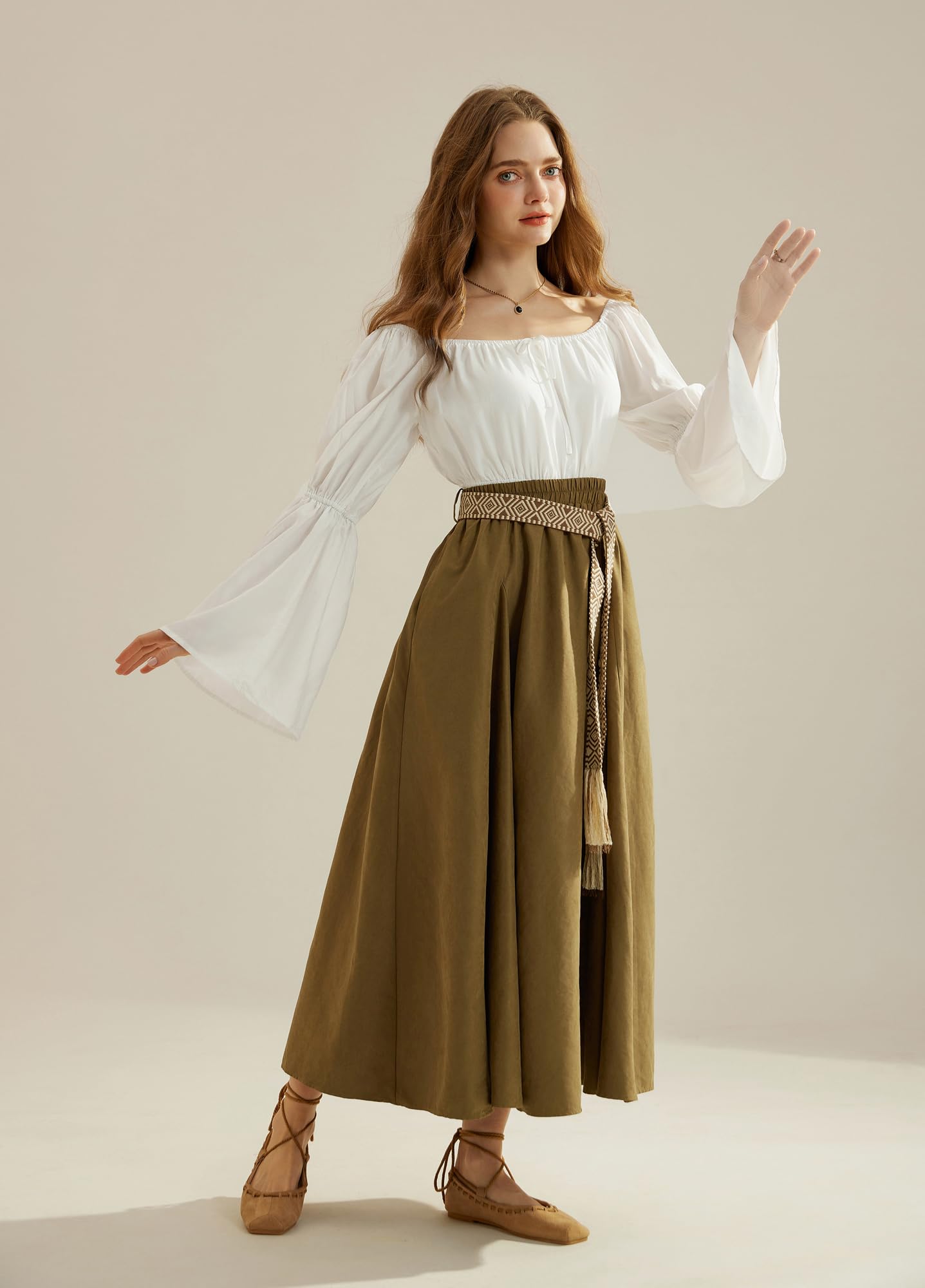 Womens 2025 Renaissance Shirt Casual Long Bell Sleeve Tops Shirt Pirate Boho Blouse White M
