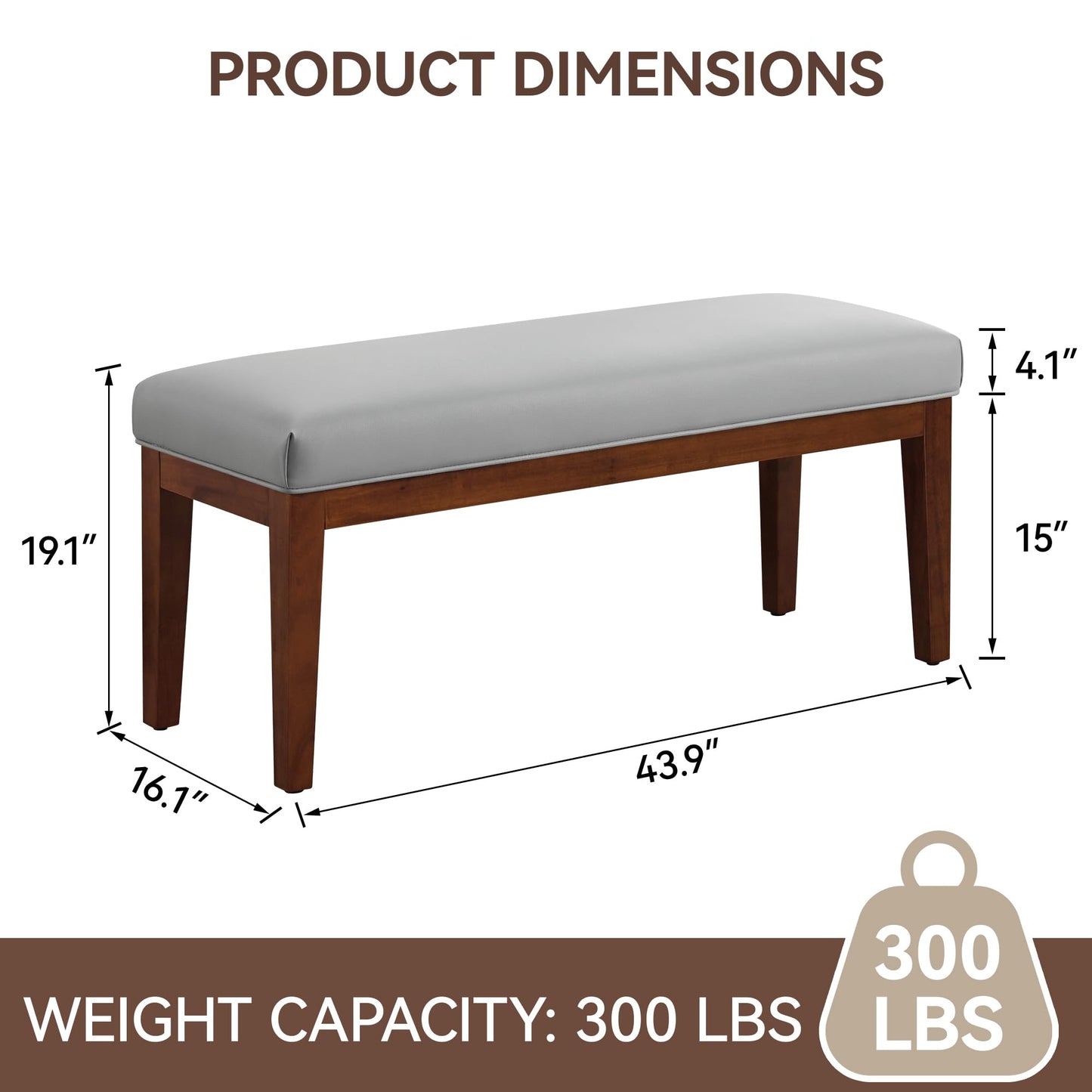 43.5'' Faux Leather Bedroom Bench, Upholstered End of Bed Bench, Padded Vintage Dining Bench, Entryway Bench with Solid Wood Legs, Kitchen, Living Room, Hallway, Grey