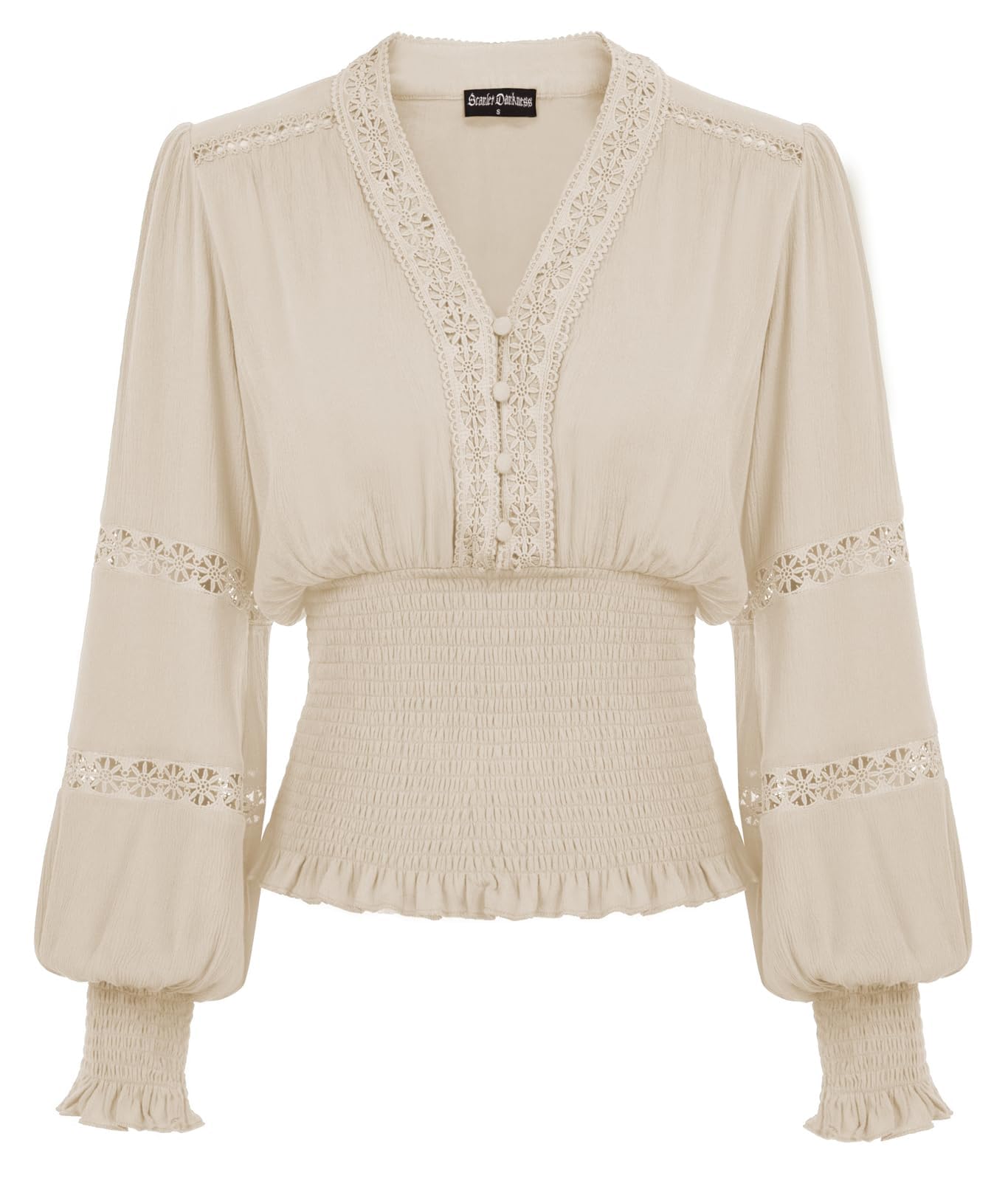 Women's Renaissance Peasant Blouse Smocked Waist Boho Shirts Pirate Tops Beige Medium